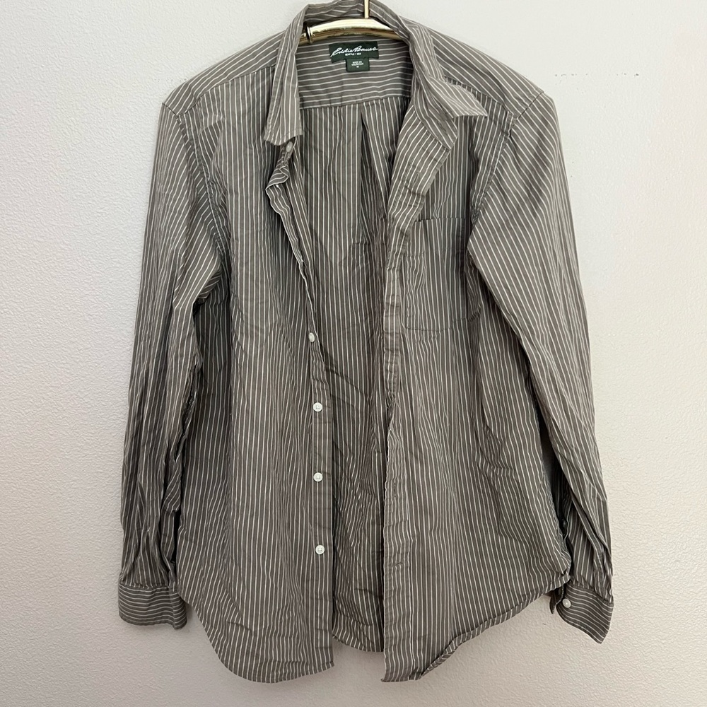 Eddie Bauer Olive Grey and White Striped Button Down Shirt